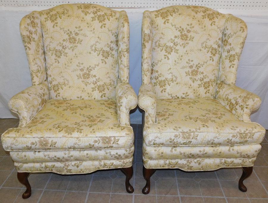 Pair Queen Anne Wing Chairs: Pair Queen Anne Wing Chairs. 45" H