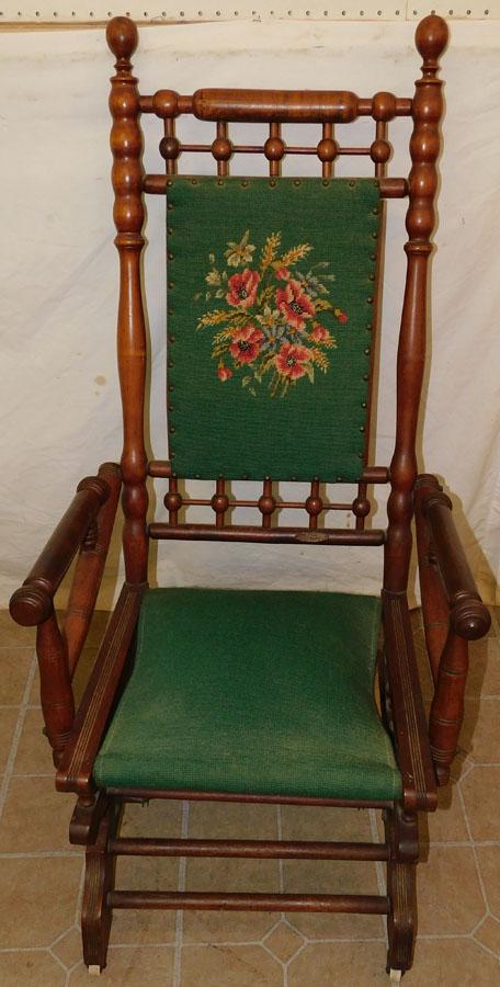 Cherry NP Seat Victorian Stick & Ball Rocking Chair: Cherry Needlepoint Seat Victorian Stick & Ball Rocking Chair. 42 1/4" H