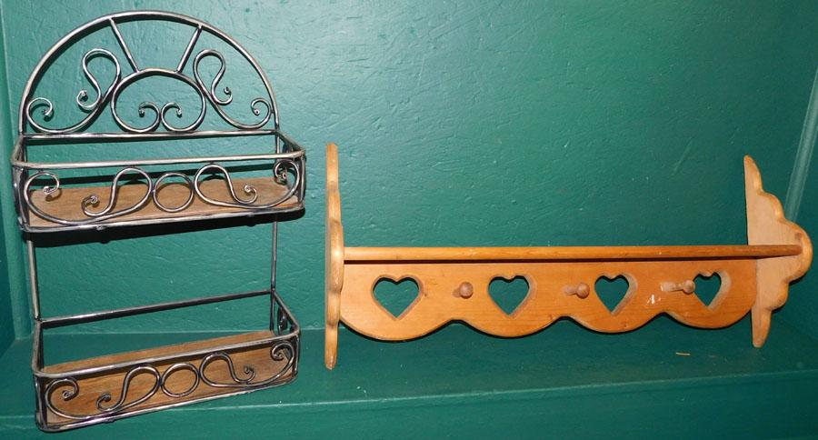 Pine Wall Coat Rack & Wrought Iron Shelf: Pine Wall Coat Rack & Wrought Iron Shelf. 33 1/2" W 15" H (Coat Rack)