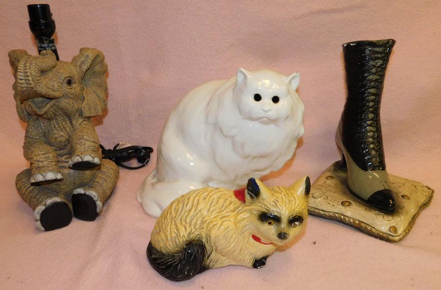 Chalkware Cat -- Porcelain Cat -- Elephant Figural Lamp: Chalkware Cat -- Porcelain Cat -- Elephant Figural Lamp -- Porcelain Shoe.