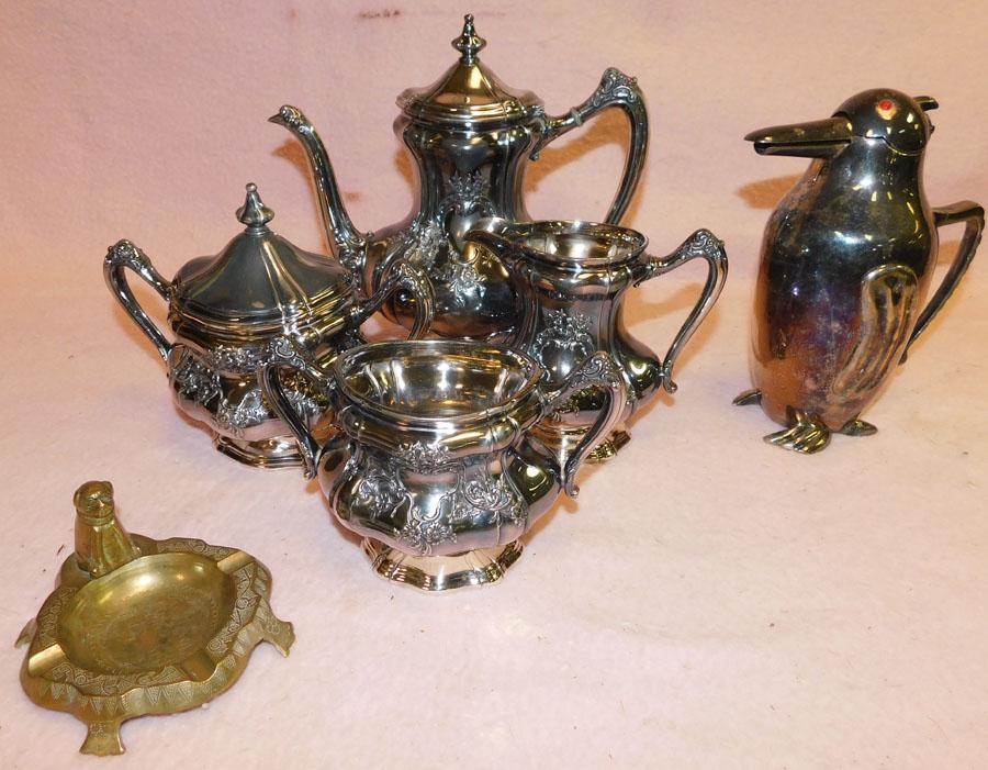 Lot Silver Plated Tea Set -- SP penguin Tea Pot: Lot Silver Plated Tea Set -- SP penguin Tea Pot.
