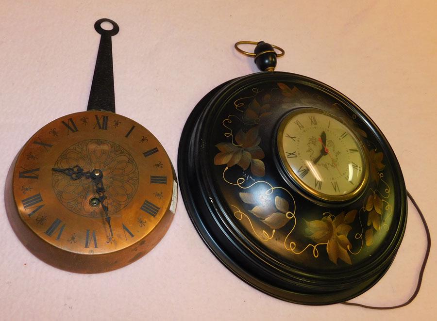 Copper Mercedes Clock & Tole Painted Sessions Clock: Copper Mercedes Clock & Tole Painted Sessions Clock.