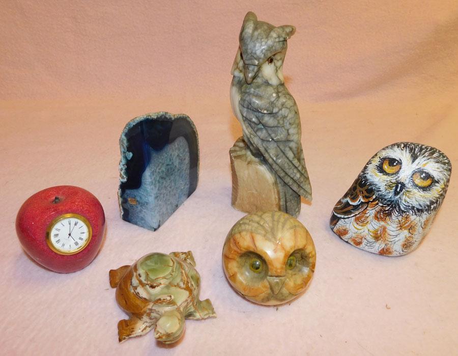 Lot Of Stone Owl Figurines -- Clock -- Alabaster Bird: Lot Of Stone Owl Figurines -- Clock -- Alabaster Bird.