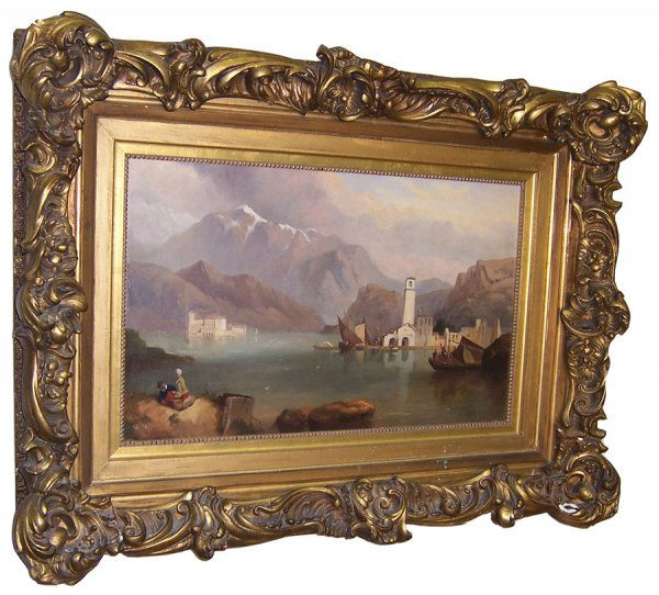Gold leaf framed oil painting - lake & mountain: Gold leaf framed fantastic oil painting of a lake and mountain scene (38" x 28 1/2" sight)