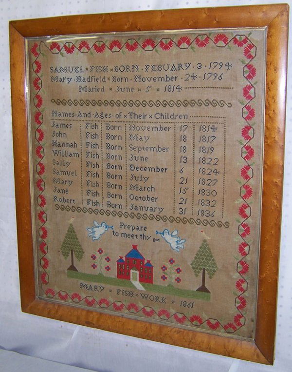 1861 Needlework sampler signed Mary Fish: 1861 Needlework sampler signed Mary Fish with Birdseye maple frame (29" x 33 1/2")