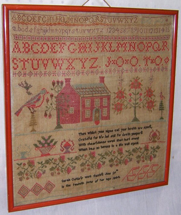 19th century needlework sampler by Sarah Ostle: 19th century needlework sampler by Sarah Ostle, age 12, 1844