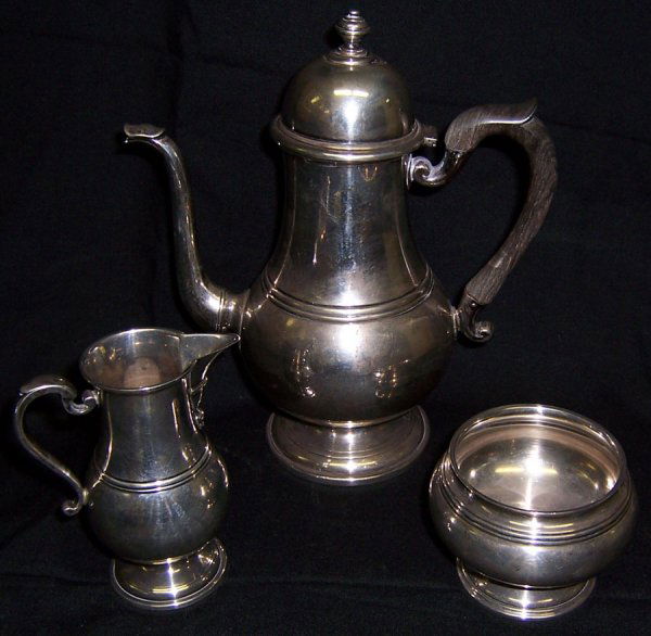(3) Piece sterling silver tea set: (3) Piece sterling silver tea set by Spaulding & Co., Currier & Roby, NY