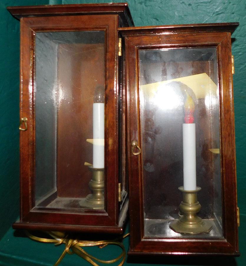 Pair Of Candlestick Mahogany Case Wall Sconces: Pair Of Candlestick Mahogany Case Wall Sconces. 16" H