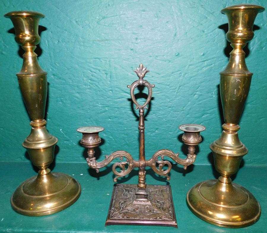 Pair Brass Candlesticks & Bronze Candelabra: Pair Brass Candlesticks & Bronze Candelabra. 13" H