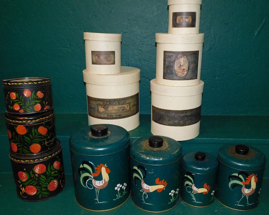 Lot Round Boxes & Tole Canisters: Lot Round Boxes & Tole Canisters .