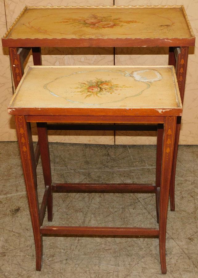 2 Mahogany Paint Decorated Nesting Tables: 2 Mahogany Paint Decorated Nesting Tables . 21 1/2" W 13 1/2" D 25" H