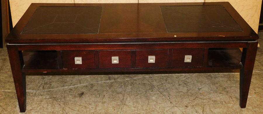 Modern Mahogany Coffee Table w/ Tooled Leather Top: Modern Mahogany Coffee Table with Tooled Leather Top. 48" W 19 1/2" D 17 3/4" H