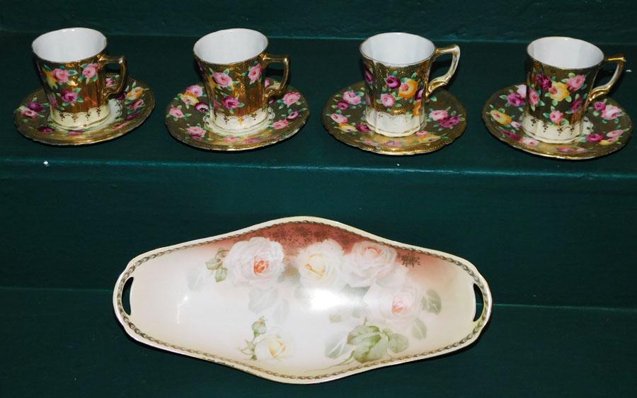 R.S. Prussia Celery Tray & 4 Royal Nippon C & S: R.S. Prussia Celery Tray & 4 Royal Nippon Cups & Saucers. Up to 12 1/2" L