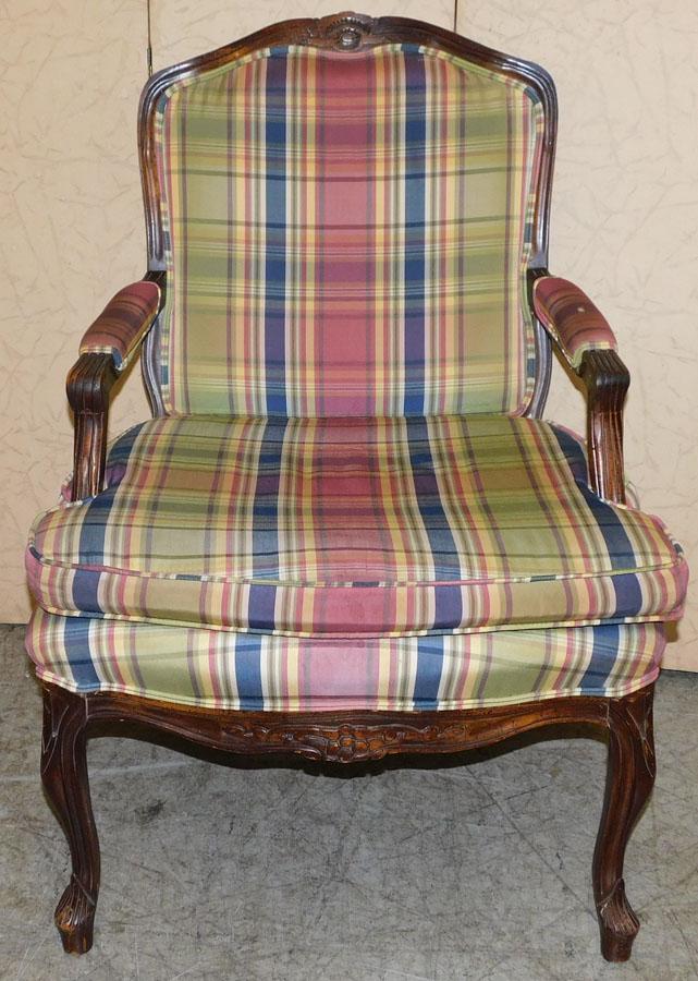 Carved Wood Upholstered Arm Chair: Carved Wood Upholstered Arm Chair . 37" H