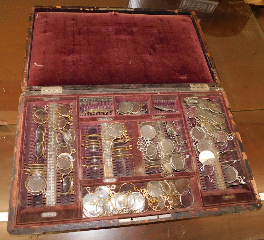 Antique Case with Optical Glasses: Antique Case with Optical Glasses . 21 1/2" w 12 3/4" D 3 1/4" H