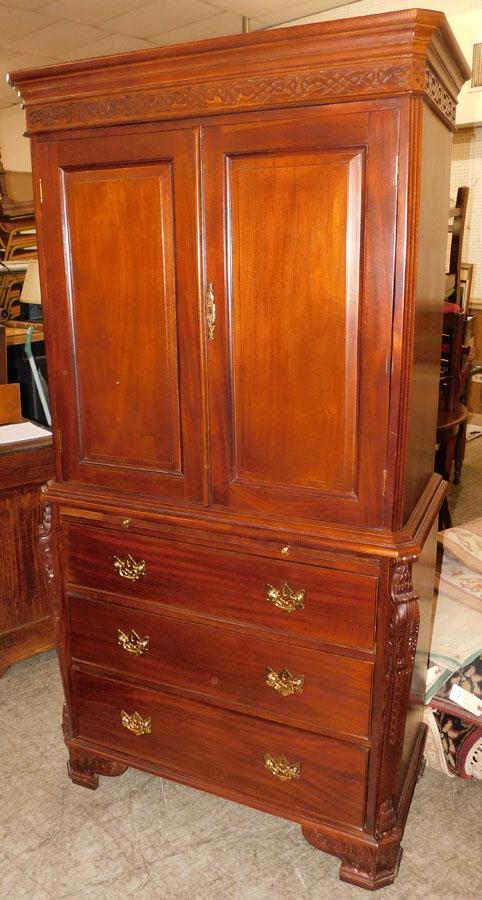 Carved Mahogany Linen Press with Pull Out Slide: Carved Mahogany Linen Press with Pull Out Slide. 37 1/4" W 18 1/2" D 72" H