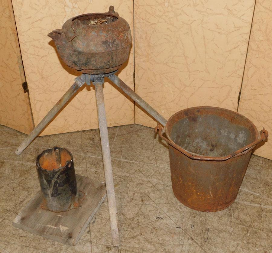 Ant Metal Bucket, Metal Stand, & Cast Iron Kettle: Antique Metal Bucket, Metal Stand, & Cast Iron Kettle Planter . Up to 23 1/4" H