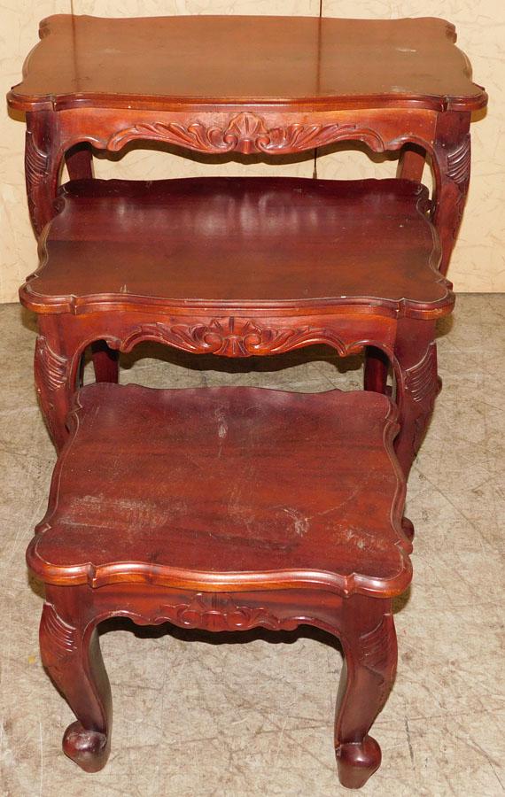 3 Carved Mahogany Nesting Tables: 3 Carved Mahogany Nesting Tables. 27 1/2" W 17" D 22 1/4" H
