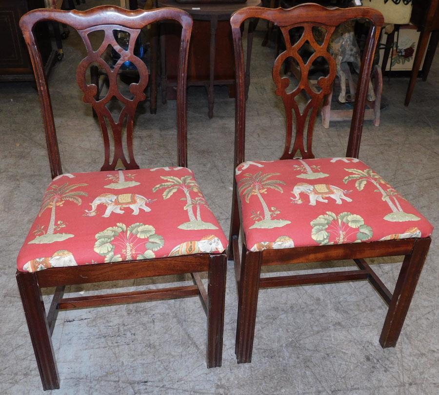 Pr Mahog Chippendale Stretcher Base Side Chairs: Pair of Mahogany Chippendale Stretcher Base Side Chairs. 36" H
