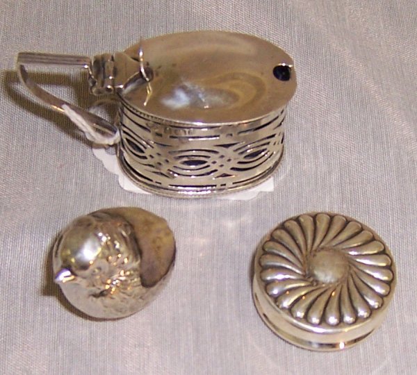 (3) Pieces sterling: (3) Pieces sterling - (batter sea box, mustard pot with cobalt liner and bitty pin cushion) (lot)