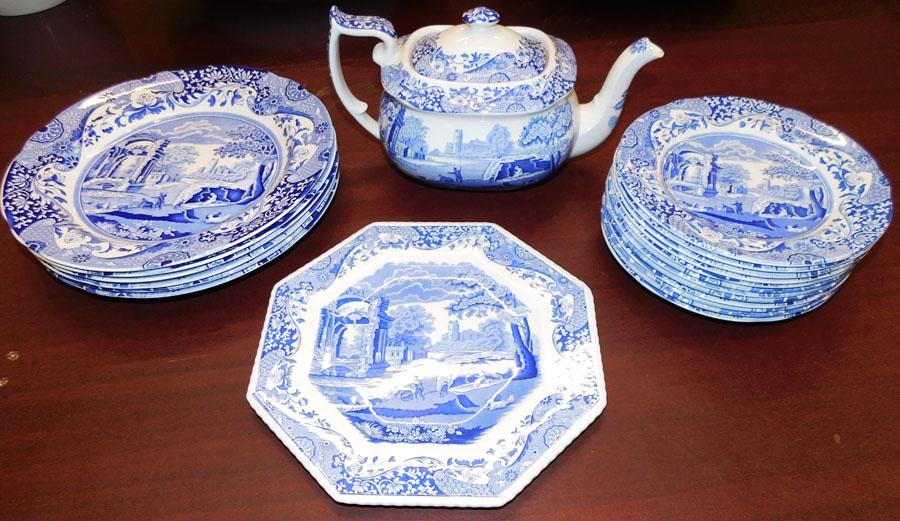20 Pieces of Blue Transferware by Spode: 20 Pieces of Blue Transferware by Spode. 5 3/4" H (Teapot)