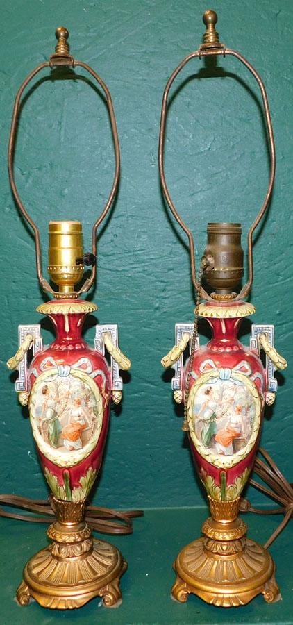 Pr Hand Painted Porcelain & Gilt Metal Lamps (1 of 6)