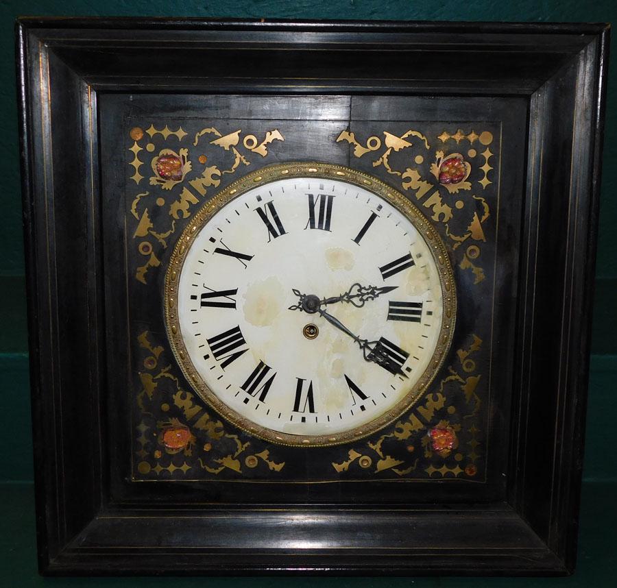 Antique Black Lacq & Brass Inlaid Wall Clock (1 of 6)