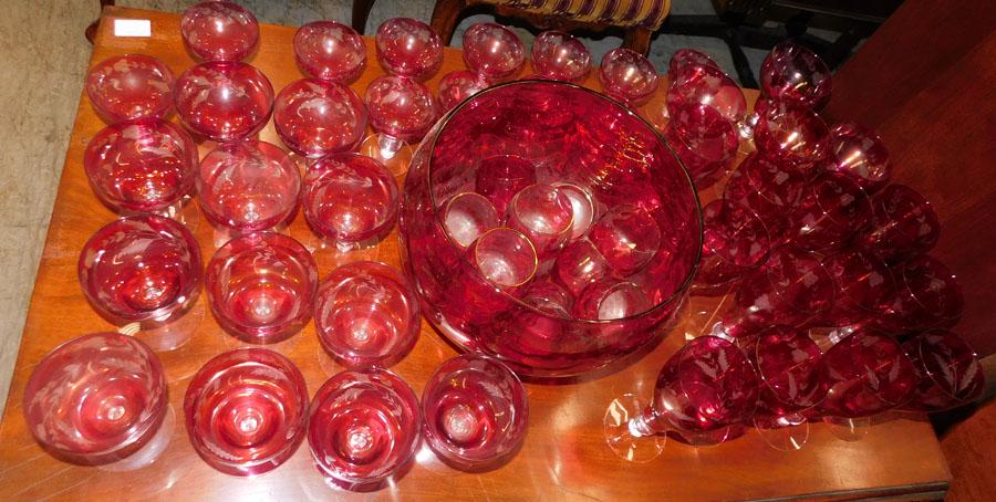 52 Pc Cranberry Stemware & Punchbowl w Cups (1 of 4)