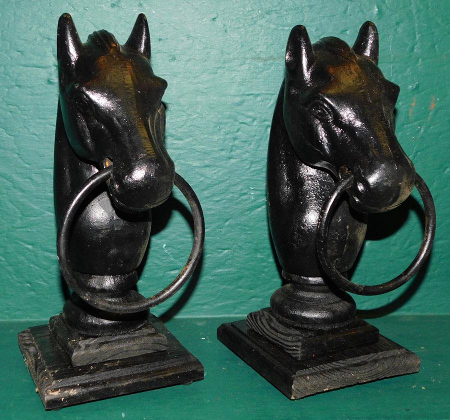 Pr Cast Iron Horse Hitching Post Finials on Stands (1 of 4)