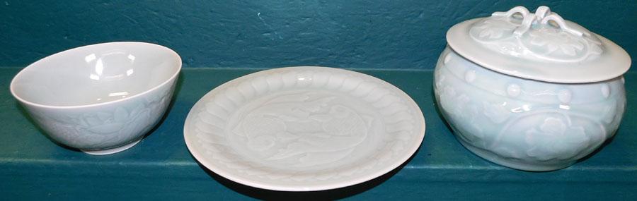 3 Piece Celadon Porcelain Lot, (2 w Koi Motif) (1 of 7)