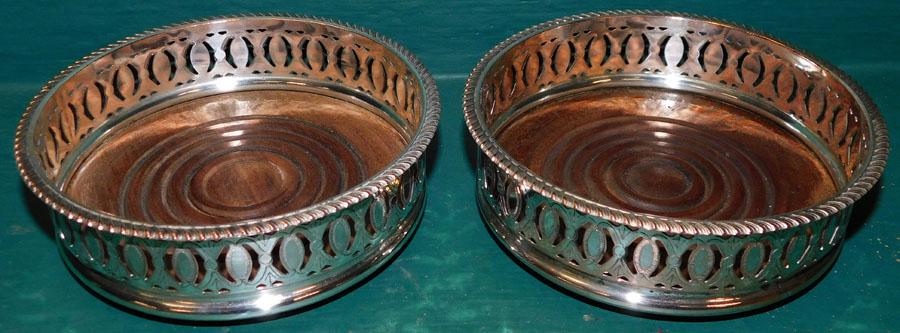 Pair of Sheffield Silverplated Wine Coasters: Pair of Sheffield Silverplated Wine Coasters. 5 1/2" Dia