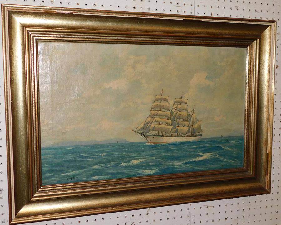Antique OOC of Ship Signed: Antique OOC of Ship Signed . 35 1/4" X 24 1/2"