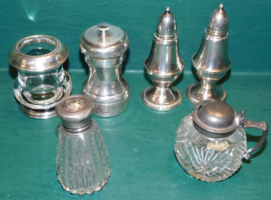 Sterl Toothpick Holder, Mustard Pot, S&P,Grinder: Sterling Weighted Tooth Pick Holder, Mustard Pot, S&P, Pepper Grinder. 4 1/4" H (Largest)