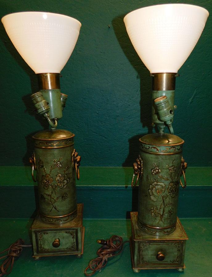 Pr Tole Paint Decor Lamps W/ Lion Heads (1 of 3)