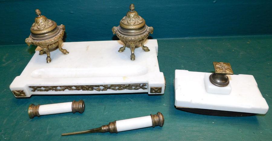 4 Pc Bronze & Marble Fr Desk Set W/ Rams Head (1 of 2)