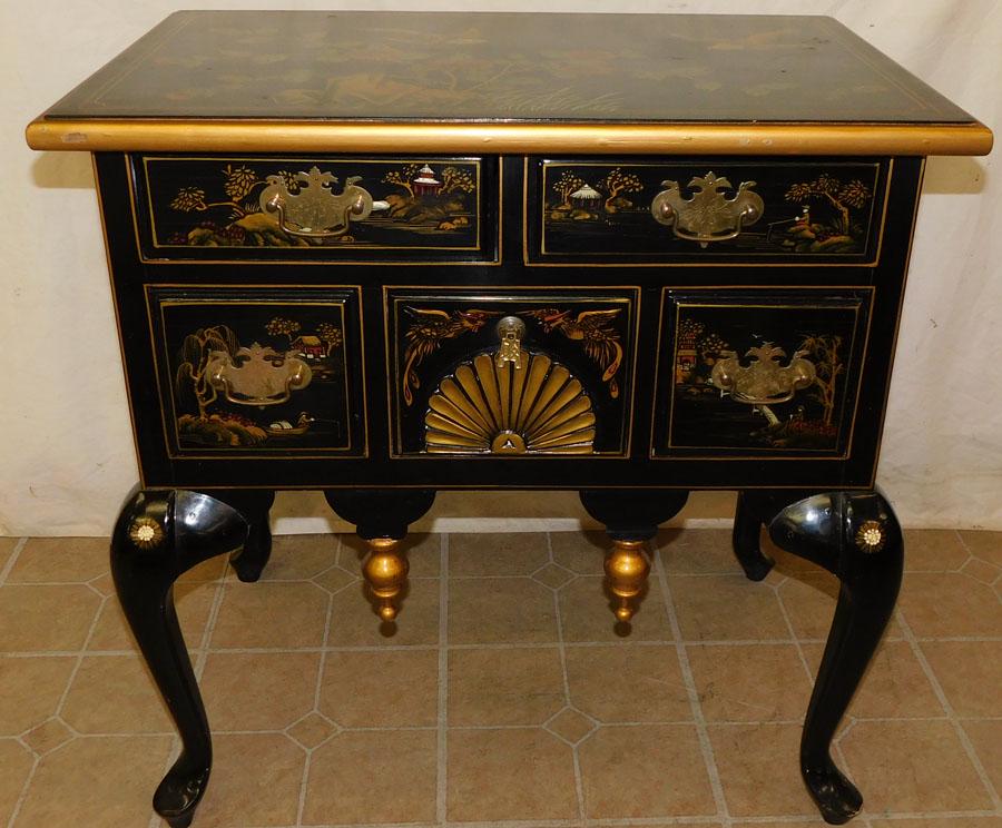 Oriental Paint Decor Black Lacquered Low Boy (1 of 5)