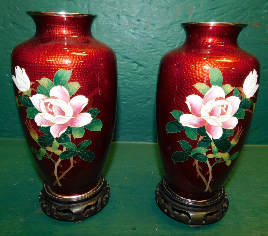 Pair Signed Cloisonne Vases On Stands (1 of 3)