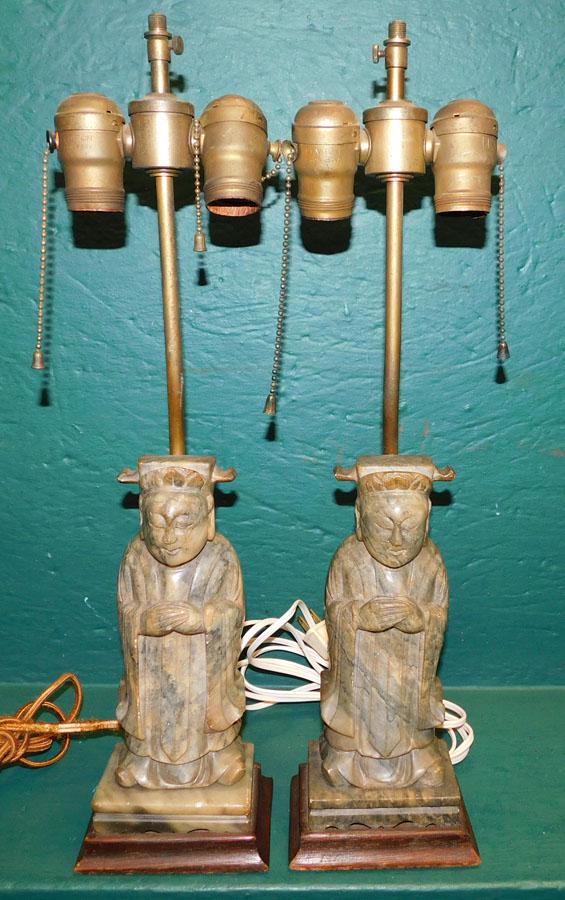 Pr 19th C Carved Soapstone Buddhas/ Lamps: Pair 19th C Carved Soapstone Buddhas Made Into Lamps. 19 3/4" H