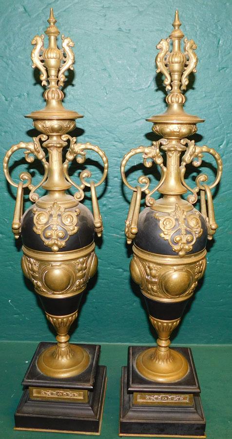Pr 19th C Renaiss. Revival Bronze & Slate Vases: Pair Of 19th C Renaissance Revival Bronze & Slate Vases . 21" H