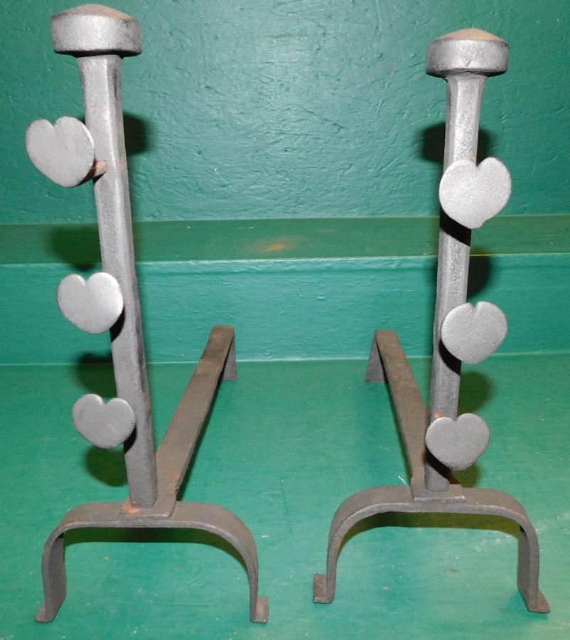 Pair Cast Iron Primitive Andirons: Pair Cast Iron Primitive Andirons. 15 3/4" H