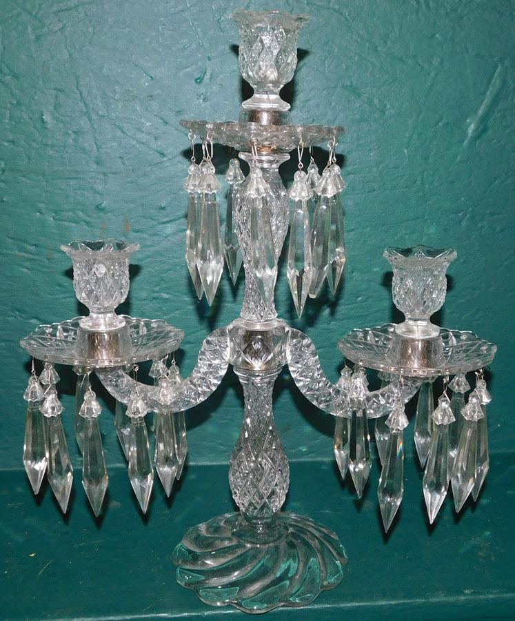 Three Branch Pattern Glass Candelabra W/ Prisms (1 of 2)