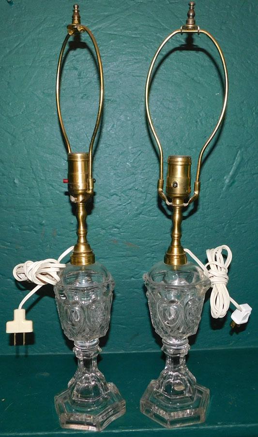 Pr Antique Pattern Glass Whale Oil Lamps (Electrified): Pair Antique Pattern Glass Whale Oil Lamps (Electrified). 22 3/4" H