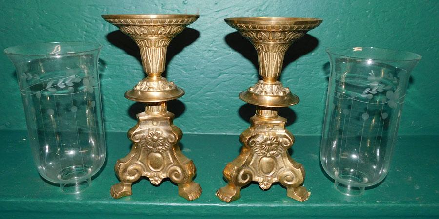 Pr Cast Brass Candlesticks W/ Etched Glass Shades (1 of 2)