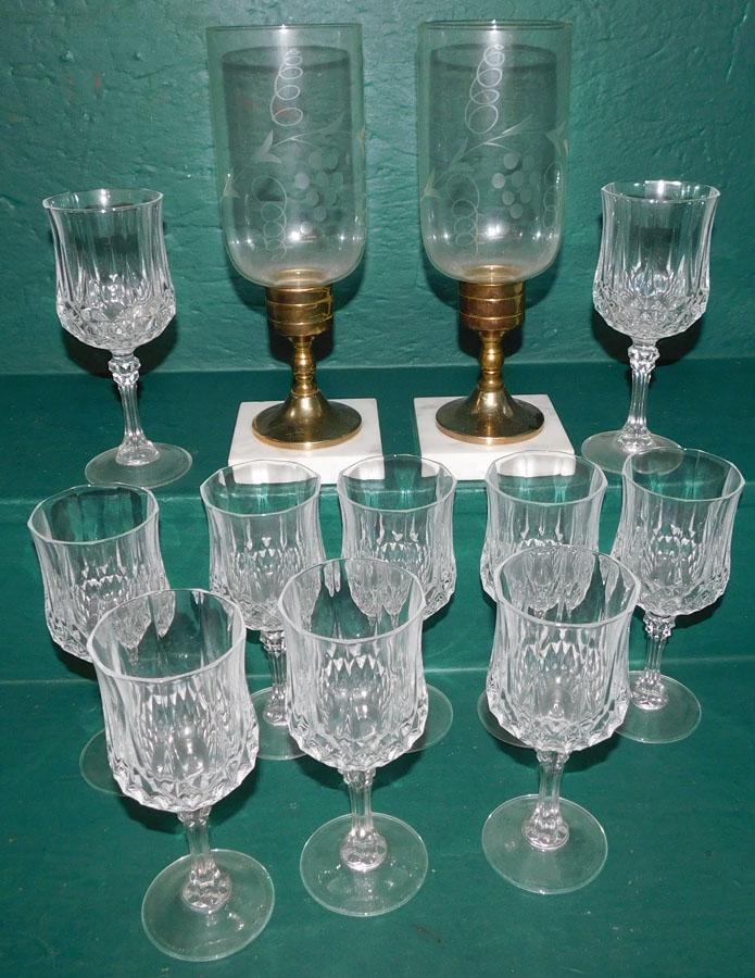 Pr Brass C/sticks W/ Etched Shades & 10 Wine Glasses: Pair Brass Candlesticks W/ Etched Glass Shades & 10 Wine Glasses. 11" H (Candlesticks)