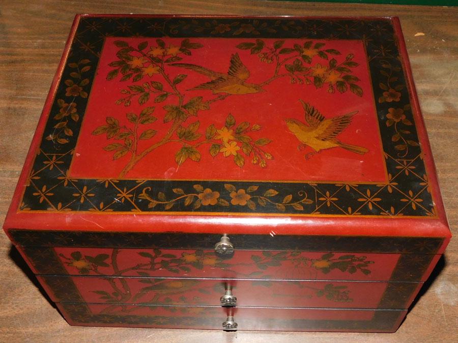 Paint Dec. Red Lacquered Silver Box W/ Carrying Handles (1 of 7)