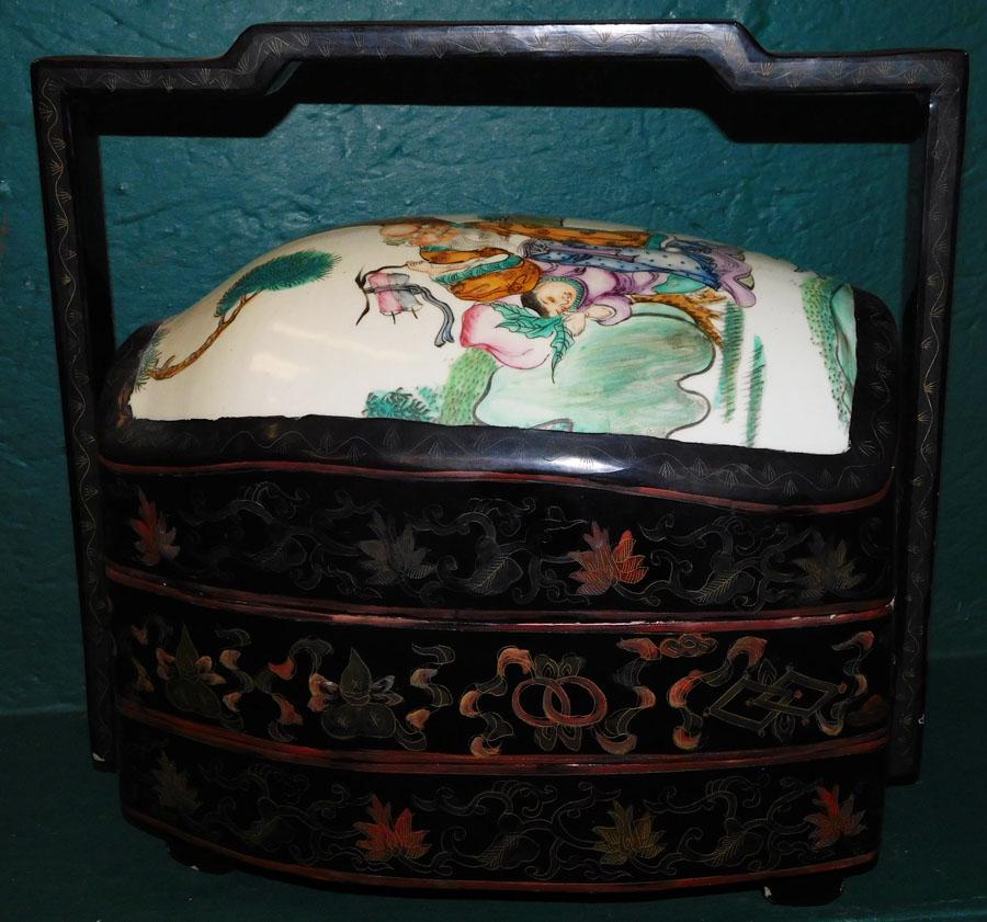 Black Lacquered Oriental Wedding Box W/ Porc Lid (1 of 3)