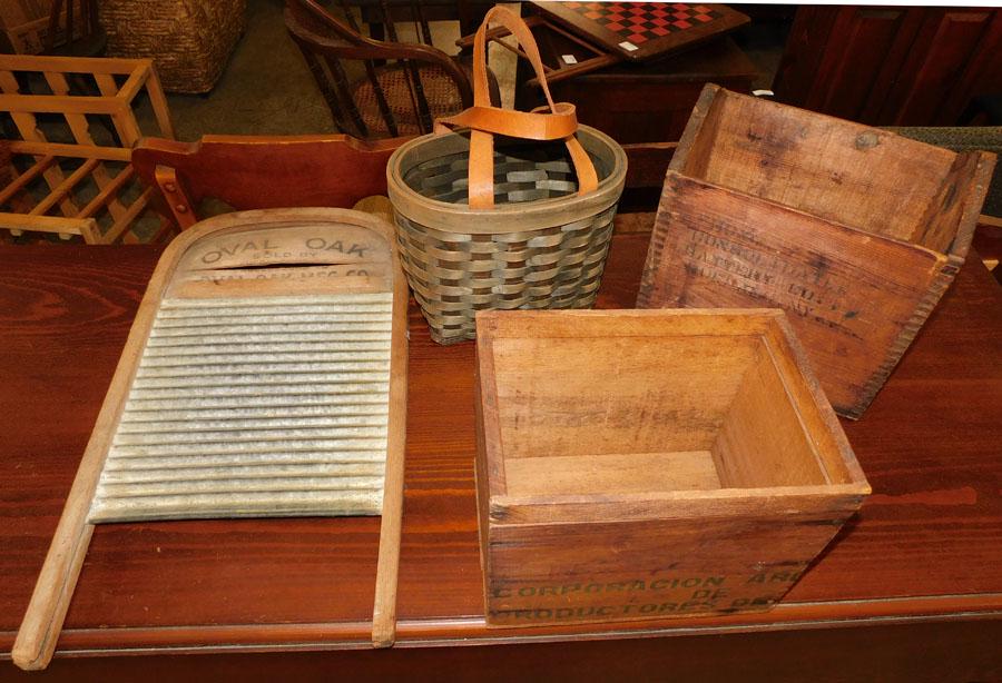 Two Antique Wooden Boxes -- Basket -- Wash Board (1 of 5)
