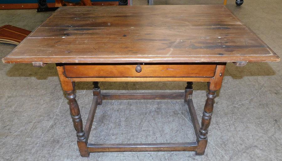 Antique Stretcher Base Tavern Table W/ Drawer (1 of 2)