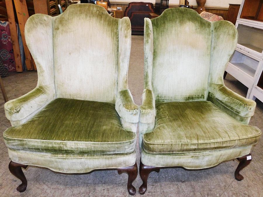 Pair Mahogany QA Wing Chairs By Woodmark Orig.: Pair Mahogany Queen Anne Wing Chairs By Woodmark Orig.. 45 1/2" H