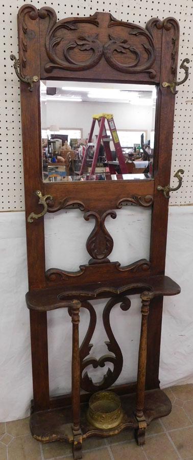 Antique Oak Hall Tree W/ Beveled Mirror (1 of 5)